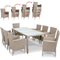 Deuba Conjunto De 1 Mesa Y 8 Sillas Apilables De Poliratán Gris Beige Con 8 Cojines De 7cm De Grosor