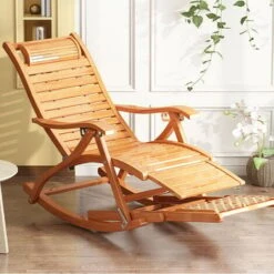 Mecedora De Jardín UNHO, Silla Tumbona Bambú Sillón Reclinable De Bambú Plegable Con Reposapiés Y Masaje De Pies 5 Posición Ajustable Para Terraza Balcón Jardín Patio