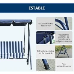OUTSUNNY Columpio Balancín De Jardín Exterior De 3 Plazas Con Cojín Techo Ajustable Y Marco De Metal Para Balcón Terraza Patio Carga Máx. 200 Kg 172x110x153 Cm -Mano Mano Ventas 47950738 5