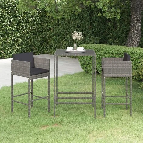Set De Muebles Bar Jardín 3 Pzas Y Cojines Ratán Sintético Gris VidaXL 2 Set De Muebles Bar Jardín 3 Pzas Y Cojines Ratán Sintético Gris VidaXL - Imagen 2
