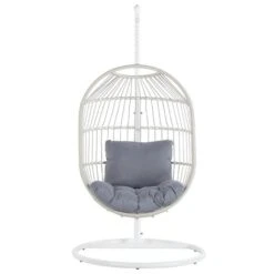 Silla Colgante De Ratán Blanco Con Soporte De Metal Forma De Huevo 2 Cojines Suaves Boho Rústico Alba -Mano Mano Ventas 50727901 4