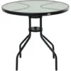 OUTSUNNY Mesa De Jardín Redonda Mesa Comedor De Cristal Templado Con Agujero Para Sombrilla Y Estructura Metálica Para Patio Terraza Balcón Exterior Ø80x72 Cm