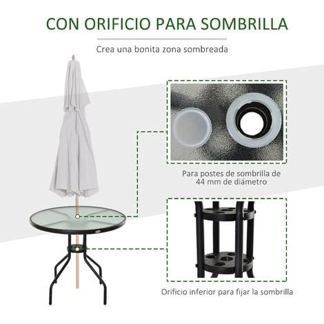 OUTSUNNY Mesa De Jardín Redonda Mesa Comedor De Cristal Templado Con Agujero Para Sombrilla Y Estructura Metálica Para Patio Terraza Balcón Exterior Ø80x72 Cm 4 OUTSUNNY Mesa De Jardín Redonda Mesa Comedor De Cristal Templado Con Agujero Para Sombrilla Y Estructura Metálica Para Patio Terraza Balcón Exterior Ø80x72 Cm - Imagen 4