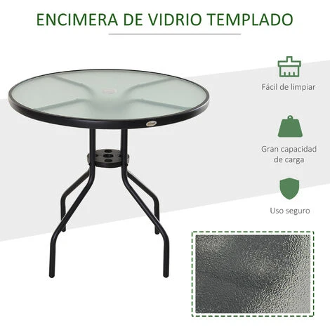 OUTSUNNY Mesa De Jardín Redonda Mesa Comedor De Cristal Templado Con Agujero Para Sombrilla Y Estructura Metálica Para Patio Terraza Balcón Exterior Ø80x72 Cm 5 OUTSUNNY Mesa De Jardín Redonda Mesa Comedor De Cristal Templado Con Agujero Para Sombrilla Y Estructura Metálica Para Patio Terraza Balcón Exterior Ø80x72 Cm - Imagen 5