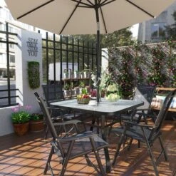OUTSUNNY Mesa De Cristal De Jardín Con Agujero Para Sombrilla Mesa De Comedor Cuadrada Exterior Terraza Balcón Con Marco De Acero 106,5x106,5x71 Cm -Mano Mano Ventas 51512196 3