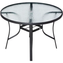 OUTSUNNY Mesa De Cristal De Jardín Con Agujero Para Sombrilla Mesa De Comedor Redonda Exterior Terraza Balcón Con Marco De Acero Ø106,5x71 Cm