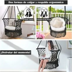 COSTWAY Silla Hamaca Colgante De Algodón Y Tubo De Hierro Con Borlas Columpio Carga Hasta 160KG Sin Soporte (Negro) -Mano Mano Ventas 51606385 3