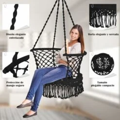 COSTWAY Silla Hamaca Colgante De Algodón Y Tubo De Hierro Con Borlas Columpio Carga Hasta 160KG Sin Soporte (Negro) -Mano Mano Ventas 51606385 5