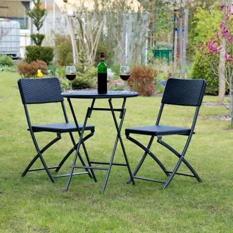 Relaxdays Set Mesa Y Sillas Jardín BASTIAN, Plegable, 3 Unidades, Efecto Ratán, Muebles Exterior, 75,5x60x60 Cm, Negro 2 Relaxdays Set Mesa Y Sillas Jardín BASTIAN, Plegable, 3 Unidades, Efecto Ratán, Muebles Exterior, 75,5x60x60 Cm, Negro - Imagen 2