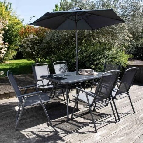 Mesa De Jardín Con 6 Sillas Y Parasol Gris Bormes 2 Mesa De Jardín Con 6 Sillas Y Parasol Gris Bormes - Imagen 2