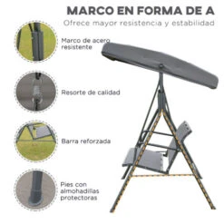 OUTSUNNY Columpio Balancín Jardín De 3 Plazas Con Techo Parasol Ajustable Respaldo Transpirable Y Marco De Acero Para Terraza Balcón Exterior 175x118x159 Cm -Mano Mano Ventas 53621409 5