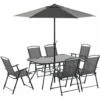 OUTSUNNY Conjunto De Muebles De Jardín 8 Piezas Con 6 Sillas Plegables Mesa De Comedor De Vidrio Y Sombrilla Inclinable Con Manivela Para Terraza Exterior