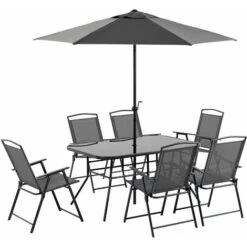 OUTSUNNY Conjunto De Muebles De Jardín 8 Piezas Con 6 Sillas Plegables Mesa De Comedor De Vidrio Y Sombrilla Inclinable Con Manivela Para Terraza Exterior