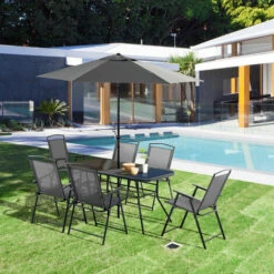 OUTSUNNY Conjunto De Muebles De Jardín 8 Piezas Con 6 Sillas Plegables Mesa De Comedor De Vidrio Y Sombrilla Inclinable Con Manivela Para Terraza Exterior -Mano Mano Ventas 53713143 3