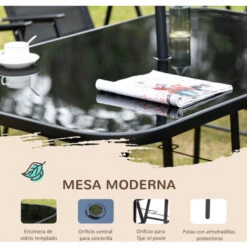 OUTSUNNY Conjunto De Muebles De Jardín 8 Piezas Con 6 Sillas Plegables Mesa De Comedor De Vidrio Y Sombrilla Inclinable Con Manivela Para Terraza Exterior -Mano Mano Ventas 53713143 4