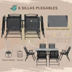 OUTSUNNY Conjunto De Muebles De Jardín 8 Piezas Con 6 Sillas Plegables Mesa De Comedor De Vidrio Y Sombrilla Inclinable Con Manivela Para Terraza Exterior -Mano Mano Ventas 53713143 5