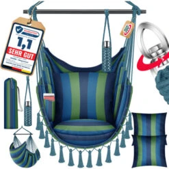 KESSER® Silla Colgante Con 2 Cojines, Portabebidas Y Compartimento Para Libros, Silla Colgante Safari XXL Para Adultos Y Niños, Hamaca De Hasta 150 kg, Suspensión De Asiento Para Interior Y Exterior,