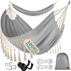 KESSER® Hamaca 300 kg Cargable, 320 x 150 cm, Máx. Capacidad De Carga De 300 kg, 1-2 Personas, Flecos Transpirables, Resistente A La Intemperie, Hamaca De Tela De Jardín, Multipersonal. Grau (de)
