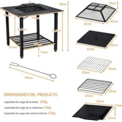 COSTWAY Mesa Brasero 4 En 1 Para Exterior, Mesa Cuadrada Con Brasero Y Cobertura De Red, Tapa Removible, Rejilla Para Cocer -Mano Mano Ventas 55257422 5