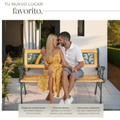 Banco Para Jardín De Madera Y Hierro Fundido Kathi 124x60x83cm - Banco De Exterior Para Terraza, Banquito De Madera Natural Lacada Para Patio, Banca Para Porche De Hierro Fundido -Mano Mano Ventas 56500093 3