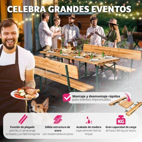 Mueble Para Exteriores 176cm Con Respaldo - Mueble Cervecero, Mesa Y Bancos De Madera, Conjunto De Mesa Y Bancos Plegables 2 Mueble Para Exteriores 176cm Con Respaldo - Mueble Cervecero, Mesa Y Bancos De Madera, Conjunto De Mesa Y Bancos Plegables - Imagen 2