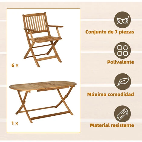 OUTSUNNY Conjunto De Jardín Madera Plegable 7 Piezas Mesa De Comedor 160x85x72 Cm Con Agujero Para Sombrilla Ø38mm 6 Sillas 60x55x91 Cm Para Terraza Exterior 4 OUTSUNNY Conjunto De Jardín Madera Plegable 7 Piezas Mesa De Comedor 160x85x72 Cm Con Agujero Para Sombrilla Ø38mm 6 Sillas 60x55x91 Cm Para Terraza Exterior - Imagen 4