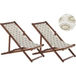 Conjunto De 2 Tumbonas De Jardín De Tela Beige Madera De Acacia Oscura Reclinable Plegable Anzio