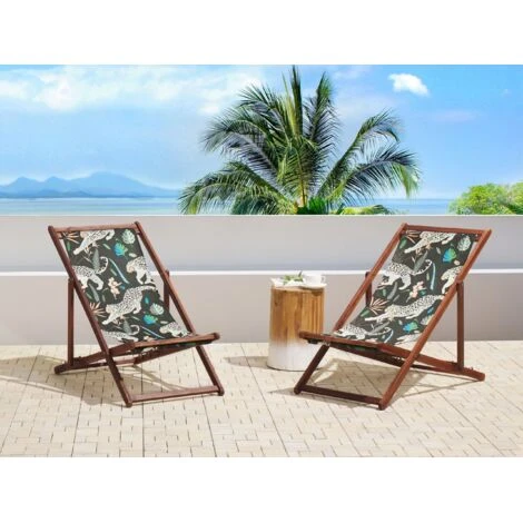Conjunto De 2 Tumbonas De Jardín De Tela Madera De Acacia Oscura Patrón Animal Reclinable Plegable Anzio 2 Conjunto De 2 Tumbonas De Jardín De Tela Madera De Acacia Oscura Patrón Animal Reclinable Plegable Anzio - Imagen 2