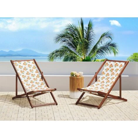 Conjunto De 2 Tumbonas De Jardín De Tela Madera De Acacia Oscura Patrón De Naranjas Reclinable Plegable Anzio 2 Conjunto De 2 Tumbonas De Jardín De Tela Madera De Acacia Oscura Patrón De Naranjas Reclinable Plegable Anzio - Imagen 2