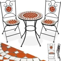 Conjunto De Mesa Ø 60cm + 2 Sillas Mosaico - Mesa Mosaico De Jardín Con Sillas, Set De Mesa Y Sillas Estilo Mosaico De Cerámica, Muebles De Jardín Con Estructura Metálica