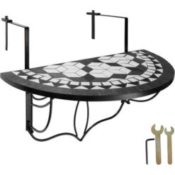 Mesa Plegable De Balcón Para Macetas Mosaico 75x65x62cm - Mesa Colgante De Acero, Mesa Elegante Para Terraza Con Anclajes Metálicos, Mueble De Exterior Con Decorado De Mosaico