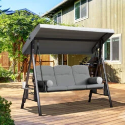 OUTSUNNY Columpio Balancín De Jardín De 3 Plazas Con Techo Parasol 2 Cojines Bandeja Para Bebidas Marco De Metal Terraza Exterior Carga 360kg 116x206x183cm -Mano Mano Ventas 57911407 3