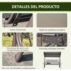 OUTSUNNY Columpio Balancín De Jardín De 3 Plazas Con Techo Parasol 2 Cojines Bandeja Para Bebidas Marco De Metal Terraza Exterior Carga 360kg 116x206x183cm -Mano Mano Ventas 57911407 5