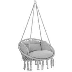 DETEX Silla Colgante 2 Cojines Ø60cm Hasta 150kg Respaldo Alto Silla Columpio De Jardín Sillas Hamacas Tejidas Exterior Interior Gris Claro