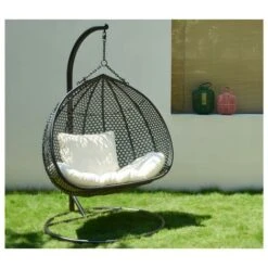 Sillón Colgante De 2 Plazas De Resina Trenzada Antracita Y Cojín Blanco - VAHINA - Venta-unica