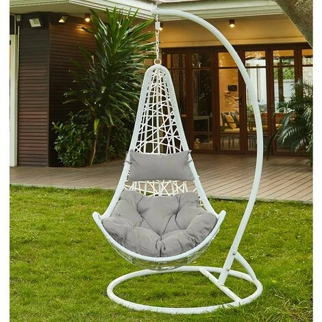 Sillón Colgante De Resina Trenzada Blanca Y Cojines Gris - OROSI - Venta-unica 1 Sillón Colgante De Resina Trenzada Blanca Y Cojines Gris - OROSI - Venta-unica