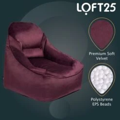 Loft 25 Adult Highback Soft Velvet Bean Bag Bag Bag Sala De Estar Interior Gaming Bean Bagger, Aubergine -Mano Mano Ventas 60310573 3