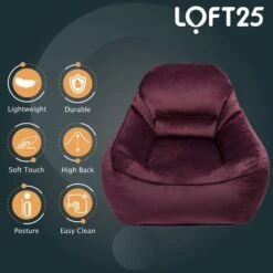 Loft 25 Adult Highback Soft Velvet Bean Bag Bag Bag Sala De Estar Interior Gaming Bean Bagger, Aubergine -Mano Mano Ventas 60310573 4