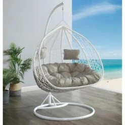 Sillón Colgante De 2 Plazas De Resina Trenzada - Blanco Con Cojines Grises - CAYAMBE - Venta-unica