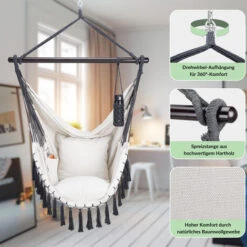 Detex Silla Colgante Interior Exterior Hamaca Columpio De Algodón 2 Cojines XL Portavasos Con Flecos Capacidad Hasta 150Kg Crema -Mano Mano Ventas 63541459 4