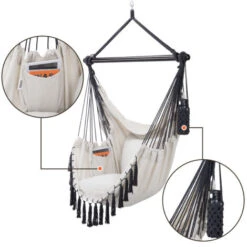 Detex Silla Colgante Interior Exterior Hamaca Columpio De Algodón 2 Cojines XL Portavasos Con Flecos Capacidad Hasta 150Kg Crema -Mano Mano Ventas 63541459 5