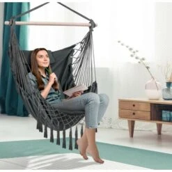 Silla Colgante Exterior Con Flecos, Hamaca Portátil Para Interior Y Exterior - Gris