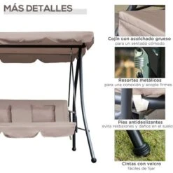 OUTSUNNY Columpio Balancín Jardín De 3 Plazas Convertible En Cama Con Techo Ajustable Cojín Y Almohadas Para Balcón Terraza Carga 340 Kg 200x125x170 Cm -Mano Mano Ventas 7040762 5