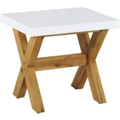 Taburete De Cemento Reforzado Blanco Madera Clara 45 Cm Acacia Reposapiés Olbia