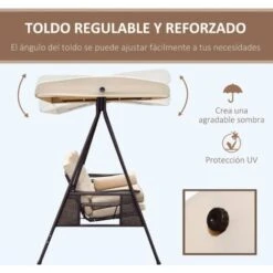 OUTSUNNY Columpio Balancín De Jardín De 3 Plazas Con Techo Parasol 2 Cojines Bandeja Para Bebidas Marco De Metal Terraza Exterior Carga 360kg 207x120,5x174cm -Mano Mano Ventas 7242450 4