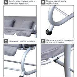 OUTSUNNY Columpio Balancín Jardín Convertible En Cama Techo Ajustable Acero Gris -Mano Mano Ventas 7792418 4