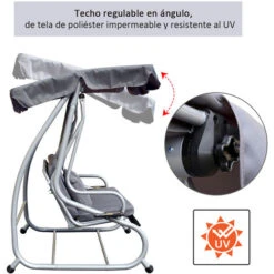 OUTSUNNY Columpio Balancín Jardín Convertible En Cama Techo Ajustable Acero Gris -Mano Mano Ventas 7792418 5