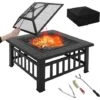 WOLTU Brasero Exterior Cuadrado Para Jardín Y Terraza Pozo De Fuego Metálico Con Cubierta De Malla Y Atizador 3 En 1 Para Barbacoa Calefacción Y Enfriar Bebidas 81x81x46 Cm Negro CPZ8141sz