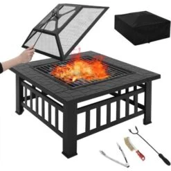 WOLTU Brasero Exterior Cuadrado Para Jardín Y Terraza Pozo De Fuego Metálico Con Cubierta De Malla Y Atizador 3 En 1 Para Barbacoa Calefacción Y Enfriar Bebidas 81x81x46 Cm Negro CPZ8141sz