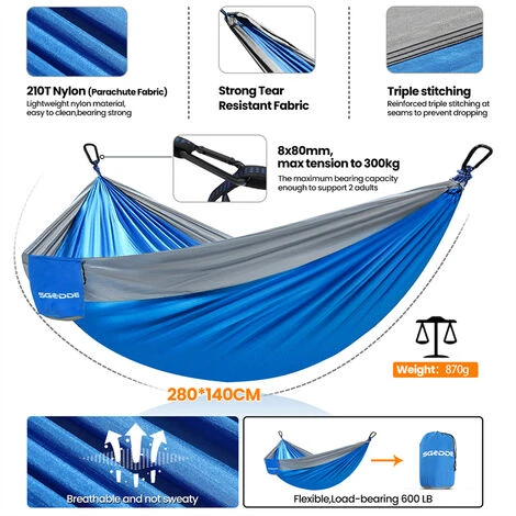 Hamaca Colgante Nylon L.280 X L.140 Cm Azul Max 300KG 2 Hamaca Colgante Nylon L.280 X L.140 Cm Azul Max 300KG - Imagen 2